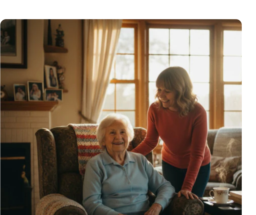 A caregiver with a senior in a living room