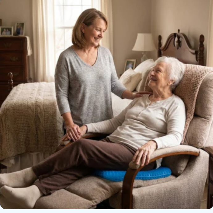 Caregiver with senior in a recliner