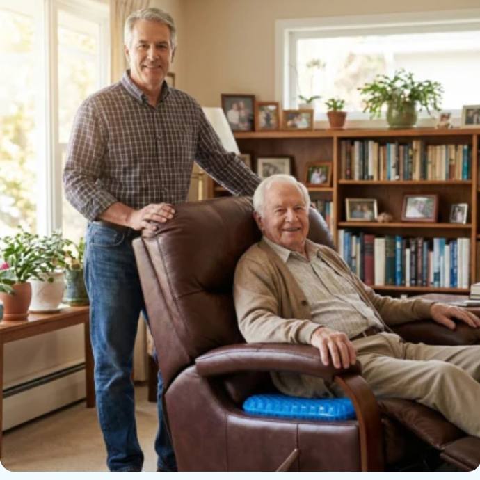 Senior seated in a recliner with family